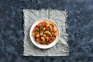 Creole jambalaya with chicken, smoked sausages and vegetables