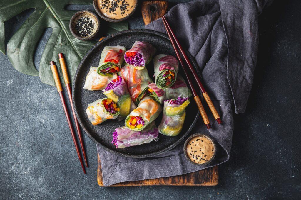 Spring rolls with vegetables and shrimps. Vietnamese dish