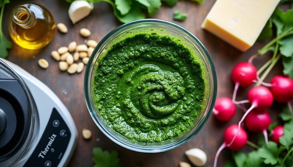 apprenez à réaliser un délicieux pesto aux fanes de radis avec votre thermomix grâce à cette recette simple et rapide. une idée anti-gaspillage gourmande pour sublimer vos plats !