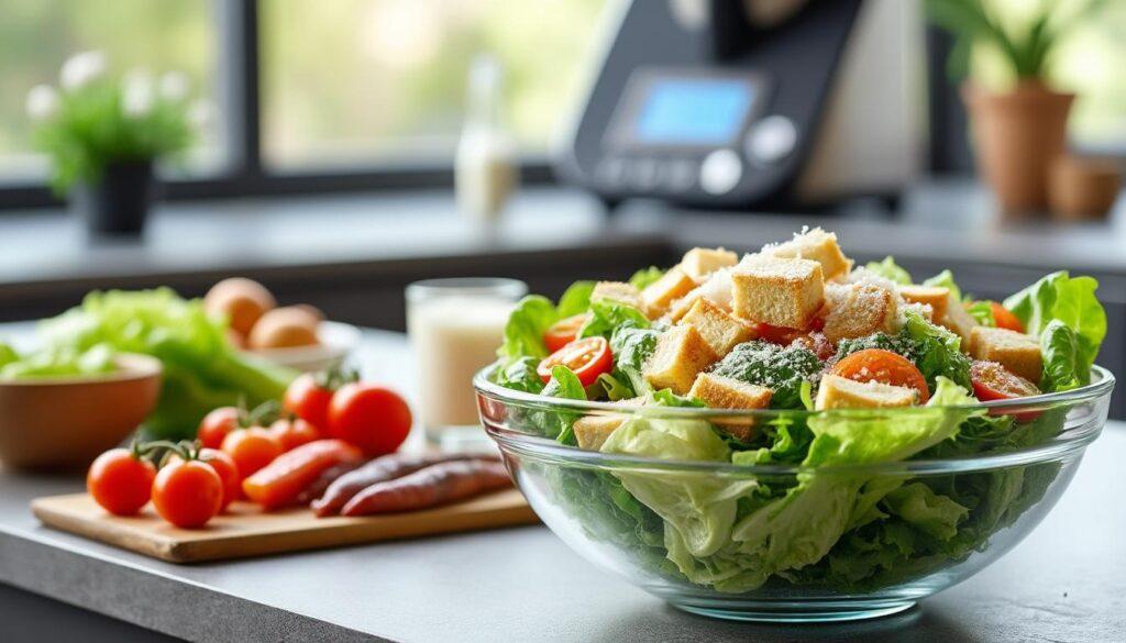découvrez comment préparer une délicieuse salade césar avec votre thermomix ! suivez nos conseils étape par étape pour réaliser ce plat classique, alliant croûtons dorés, poitrine de poulet et une vinaigrette crémeuse, en un rien de temps.