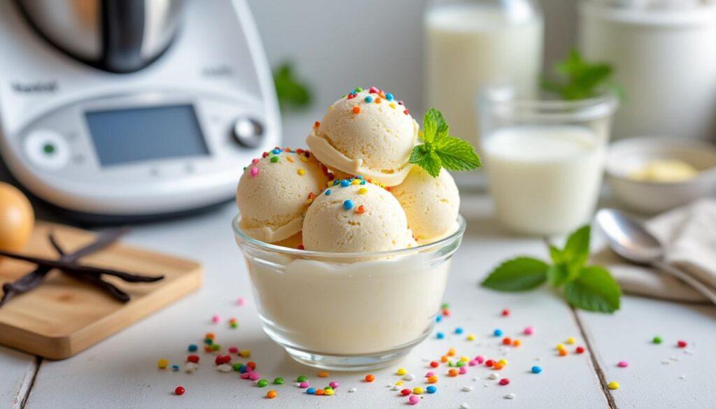 découvrez notre recette gourmande de glace à la vanille au thermomix, facile et rapide à préparer. savourez une crème glacée onctueuse et maison en quelques minutes seulement !