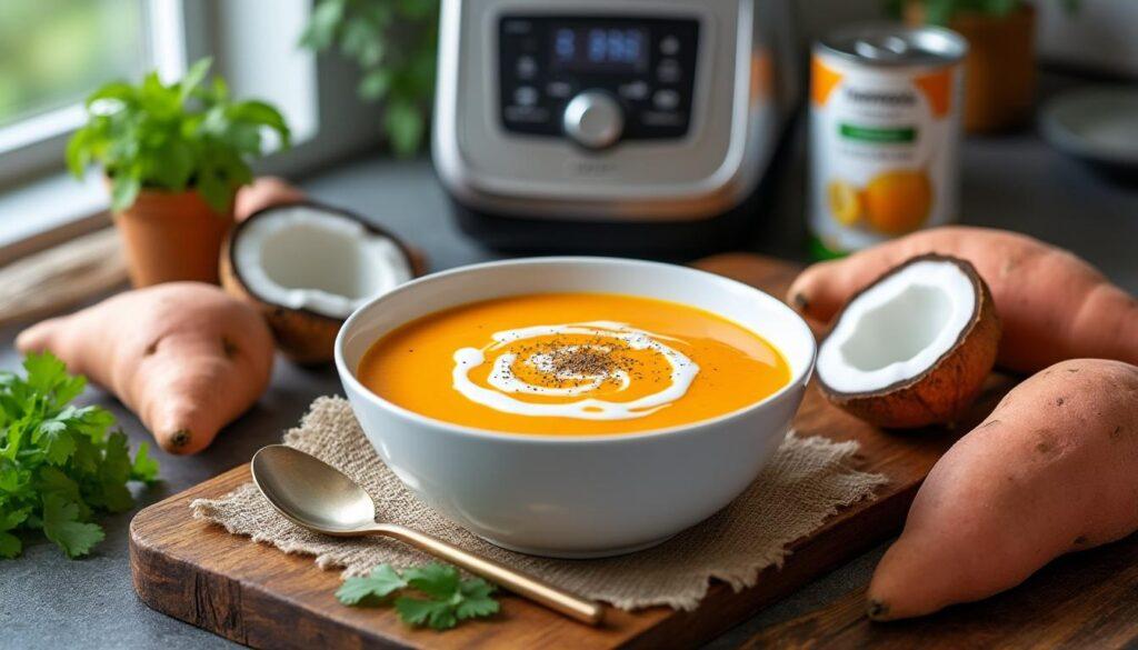 savourez un velouté onctueux de patate douce au lait de coco, préparé facilement au thermomix. une recette gourmande, rapide et idéale pour réchauffer vos soirées.