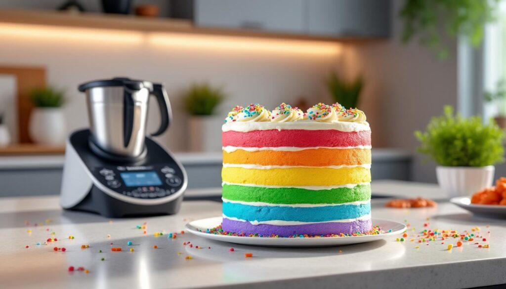 apprenez à réaliser un magnifique rainbow cake au thermomix. suivez notre recette facile et colorée pour un gâteau arc-en-ciel moelleux, parfait pour toutes vos fêtes et anniversaires !