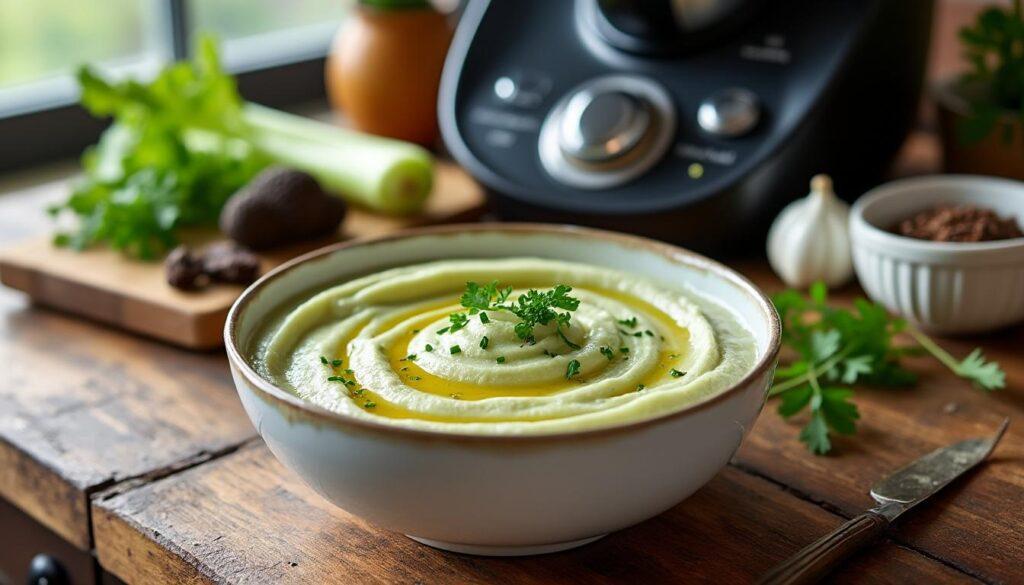 essayez notre recette facile de purée de céleri à la truffe réalisée au thermomix. un accompagnement raffiné, onctueux et savoureux, parfait pour sublimer vos repas de fêtes ou du quotidien.