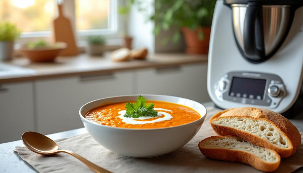 dégustez une délicieuse soupe de lentilles corail au curry et à la noix de coco réalisée facilement avec votre thermomix. une recette gourmande, exotique et réconfortante, idéale pour vos repas équilibrés.