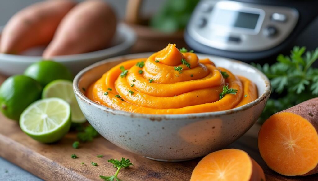 apprenez à préparer une délicieuse purée de patate douce au citron vert avec votre thermomix grâce à cette recette simple et rapide, parfaite pour un repas savoureux et original.