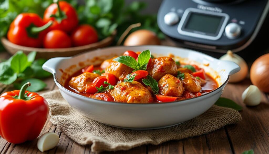 Découvrez la recette du poulet basquaise au Thermomix apprenez à préparer un savoureux poulet basquaise au thermomix grâce à notre recette simple et rapide, idéale pour un repas convivial et gourmand.