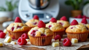 découvrez notre recette facile et gourmande de muffins au chocolat blanc et framboises, parfaite à réaliser avec votre thermomix pour un dessert savoureux et rapide.