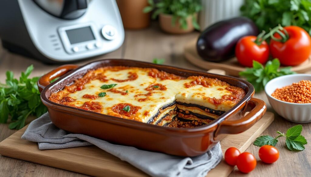 découvrez la recette originale de la moussaka aux lentilles corail, préparée facilement avec votre thermomix. un plat savoureux et végétarien pour régaler toute la famille.