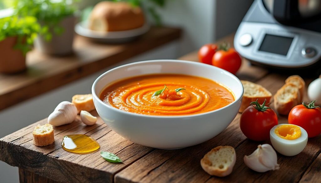 apprenez à préparer un salmorejo frais et onctueux avec votre thermomix grâce à notre recette facile, idéale pour rafraîchir vos repas d'été.