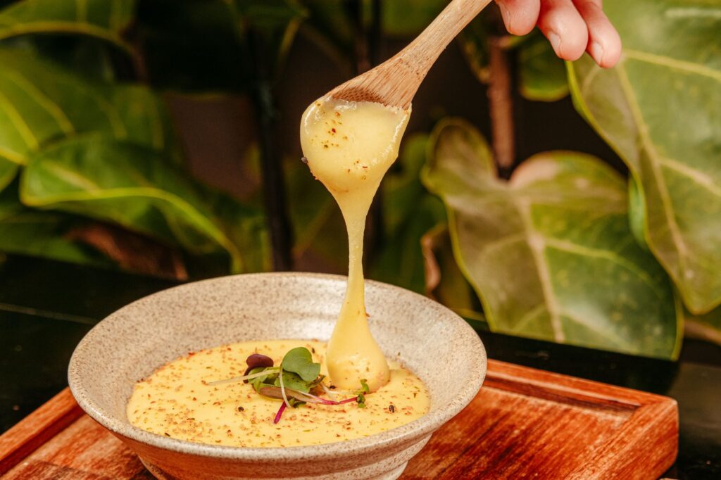 Trempette Au Fromage Gastronomique Servie Dans Un Bol Avec Des Légumes Verts