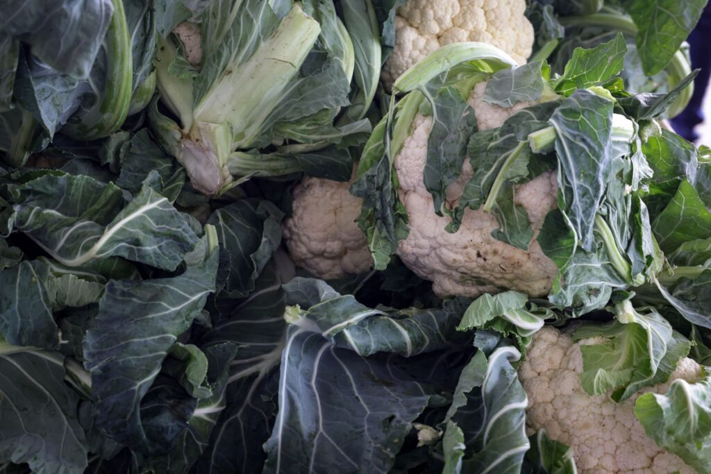 Gros plan de choux-fleurs biologiques frais avec des feuilles vertes vibrantes dans un décor de marché.