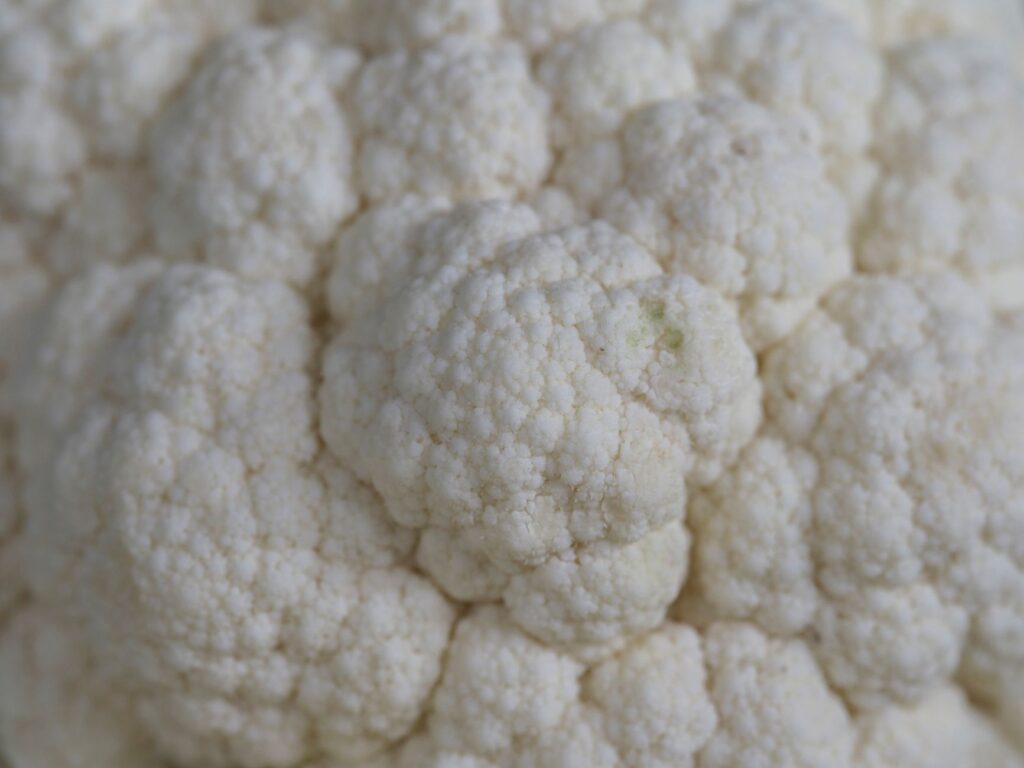 Gros plan d'un chou-fleur bio frais montrant sa texture détaillée. Idéal pour les thèmes de l'alimentation saine.
